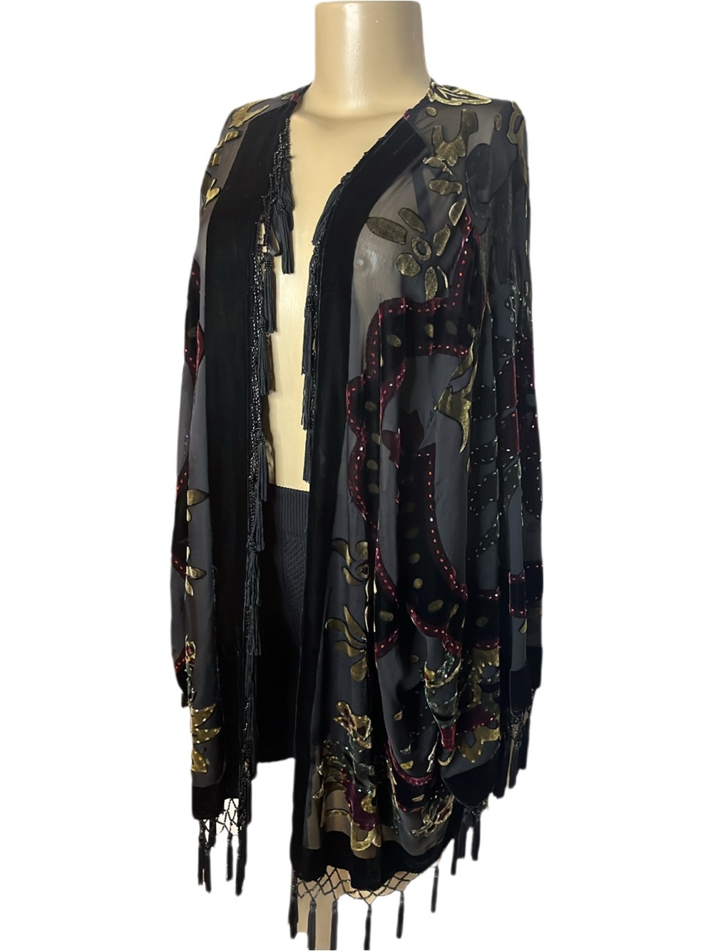 Vintage 90s J.B.S Ltd Abstract Floral Semi Sheer Fringe Duster - Picture 4 of 7